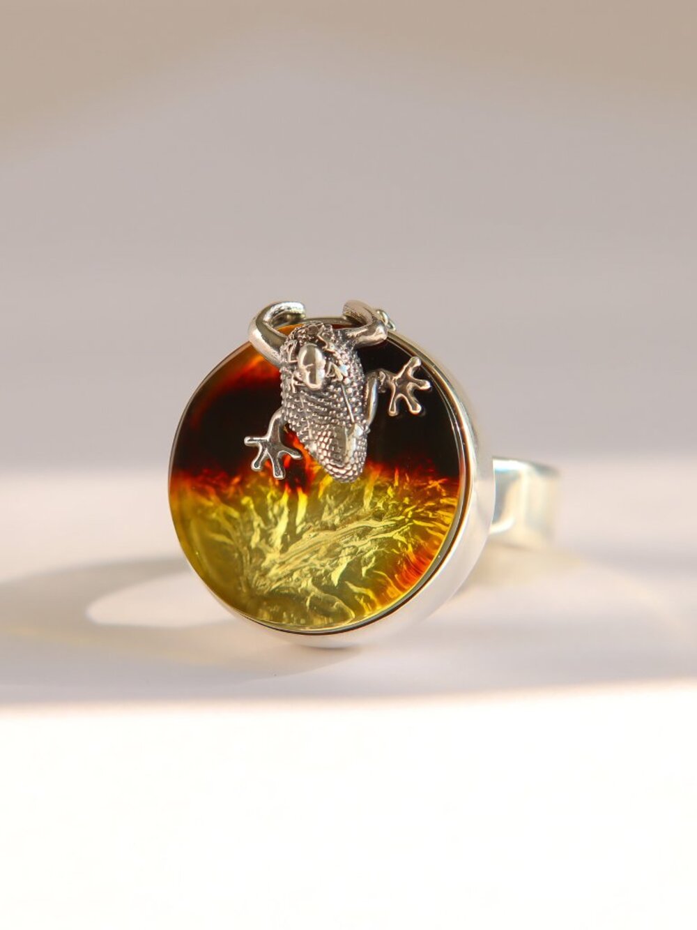 Baltic Amber Frog Ring in Sterling Silver | Adjustable Ring